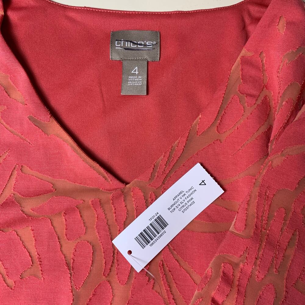 Chico's Top NWT Women's Size 4 (2X) Citrus Pink Burnout Tunic 3/4 Sleeve V-Neck - Picture 3 of 6